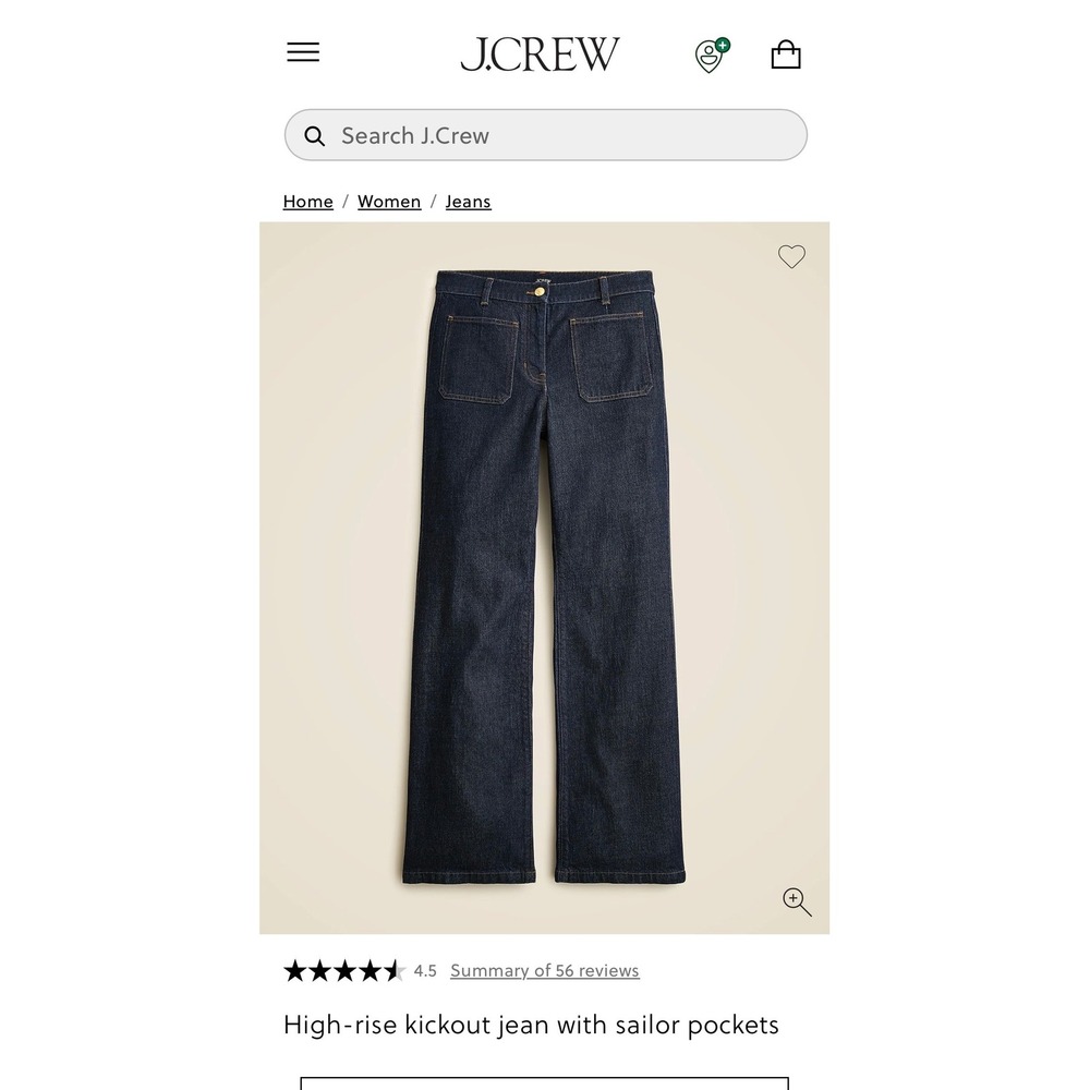 J.Crew High-Rise Kickout Jean with Sailor Pockets Dark Wash CH923 Size 35 NEW